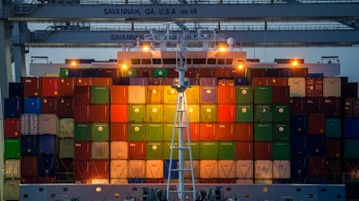 Ship to shore cranes work the container ship CMA CGM Laperouse at the Georgia Ports Authority's Port of Savannah, Wednesday, Sept. 29, 2021, in Savannah, Ga. The U.S. trade deficit increased to a record $73.3 billion in August as a small gain in exports was swamped by a much larger increase in imports. The Commerce Department reported Tuesday, Oct. 5, 2021 that the monthly trade deficit increased 4.2% in August, rising to an all-time high, surpassing the previous record of $73.2 billion set in June.