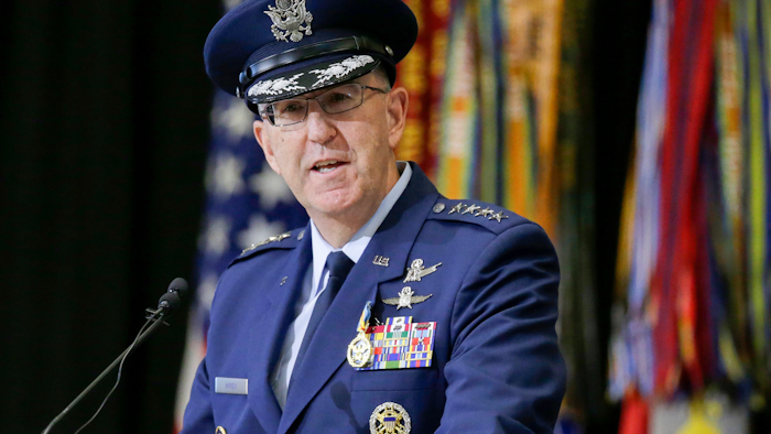 Air Force Gen. John Hyten, outgoing commander of U.S. Strategic Command, during a change of command ceremony at Offutt AFB, Nebraska, Nov. 18, 2019.