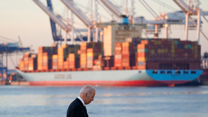 President Joe Biden departs after speaking during a visit at the Port of Baltimore on Nov. 10, 2021.