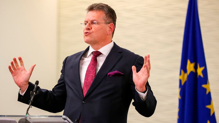 Maros Sefcovic, vice president of European Commission, gestures during a news conference in London on Nov. 12, 2021.