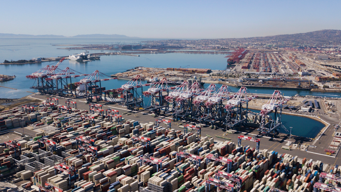 Aerial view of the Long Beach and Los Angeles ports.