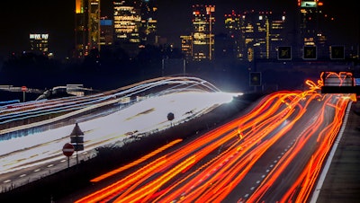 Cars and trucks move on a highway toward Frankfurt, Germany, Nov. 5, 2021.