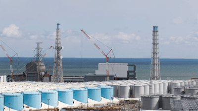 Nuclear reactor units of No. 3, left, and 4 at the Fukushima Daiichi nuclear power plant, Okuma town, Japan, Feb. 27, 2021.