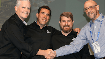 (left to right) Matt Thavis, Director of Business Development at Acme Alliance, Mauri Mendes, President of Acme Alliance-Lovejoy Industries and JR Kinnett, General Manager at Acme Alliance, receive congratulations from Harry Moser, Founder and President of the Reshoring Initiative, for winning the 2021 National Metalworking Reshoring Award.