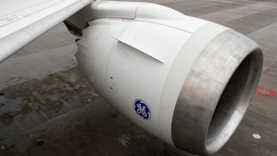 GE turbine engine on a Boeing 787 Dreamliner aircraft, Shanghai Pudong International Airport, June 2019.