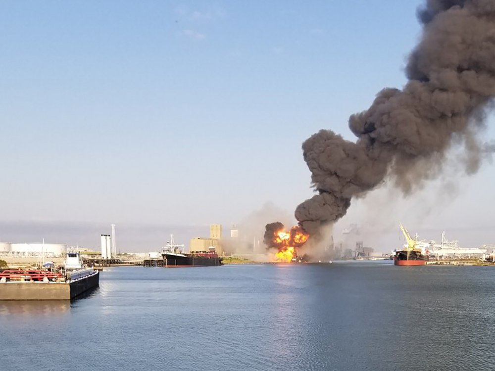 Coast Guard crews respond to a fire in the Port of Corpus Christi Ship Channel, Corpus Christi, Texas, Aug. 21, 2020.
