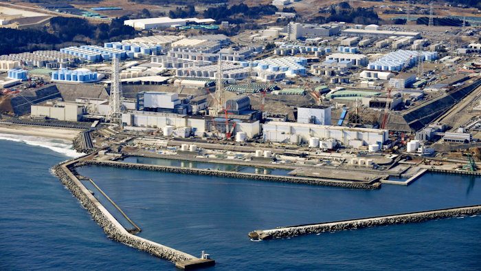 Aerial photo of the Fukushima Daiichi nuclear power plant in Okuma town, Japan, Feb. 13, 2021.