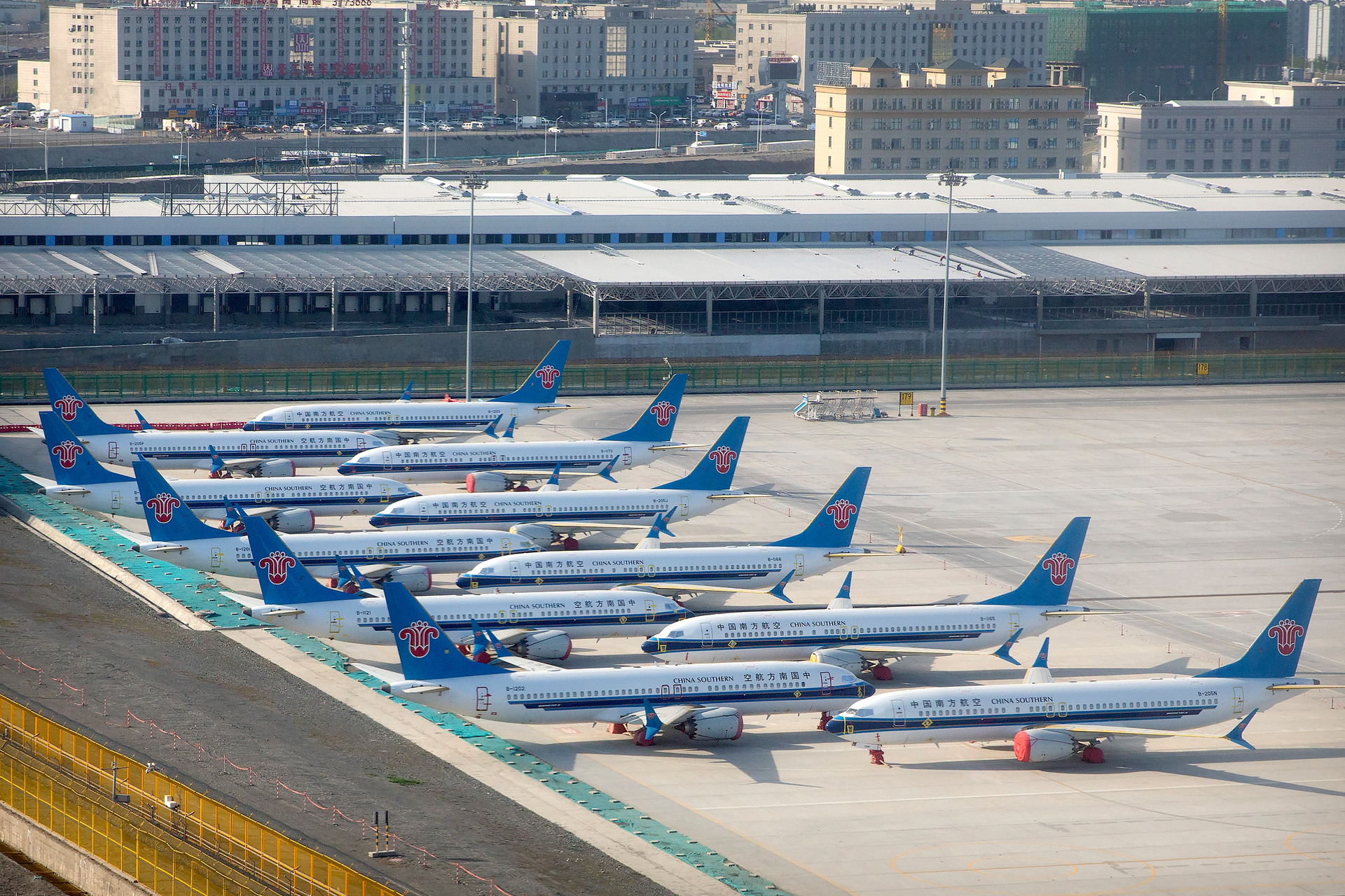 China Southern Airlines Boeing 737 Max airplanes parked at Urumqi Diwopu Interational Airport, April 21, 2021.