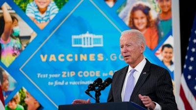 President Joe Biden talks about the newly approved COVID-19 vaccine for children ages 5-11 from the South Court Auditorium on the White House complex in Washington on Nov. 3, 2021.