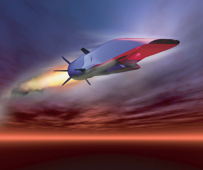 Artist's rendering of the experimental X-51A Waverider, an unmanned, autonomous supersonic combustion ramjet-powered hypersonic flight test demonstrator for the U.S. Air Force.