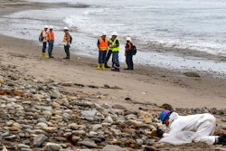 Shoreline Cleanup Assessment Technique team members, left, evaluate oil coverage as a hand crew worker scraps areas affected by an oil spill at Refugio State Beach, north of Goleta, Calif., on Wednesday, June 10, 2015. A proposal to replace a pipeline near Santa Barbara that was shut down in 2015 after causing California's worst coastal oil spill in 25 years is inching through a government review, even as the state moves toward banning gas-powered vehicles and oil drilling.