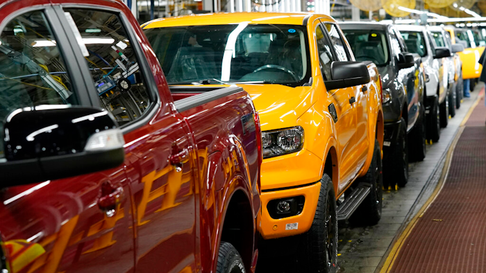 Model year 2021 Ford Ranger trucks on the assembly line at Michigan Assembly, Monday, June 14, 2021, in Wayne, MI.