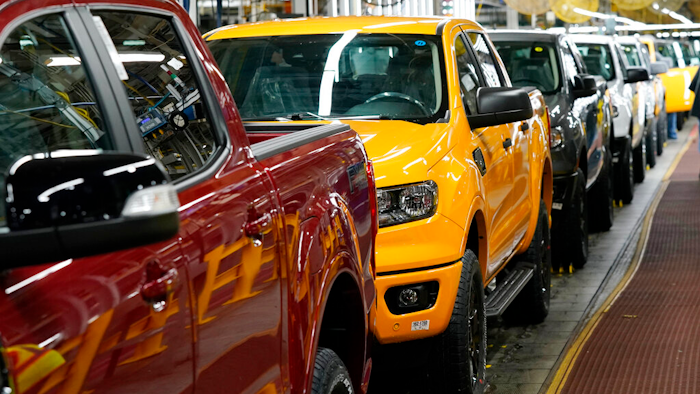 Model year 2021 Ford Ranger trucks on the assembly line at Michigan Assembly on June 14, 2021, in Wayne, Mich.
