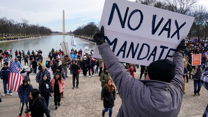 Protesters gather for a rally against COVID-19 vaccine mandates in front of the Lincoln Memorial in Washington on Jan. 23, 2022.