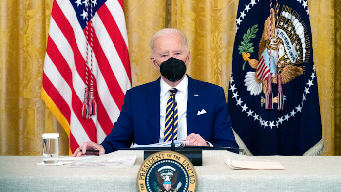 President Joe Biden listens during a meeting with the National Governors Association in the East Room of the White House on Jan. 31, 2022 in Washington.