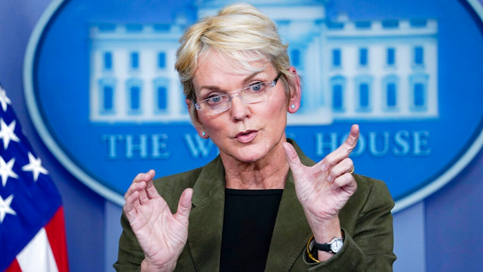 Energy Secretary Jennifer Granholm speaks during a press briefing at the White House, Nov. 23, 2021, in Washington. The Biden administration has issued its first clean energy loan guarantee, reviving an Obama-era program that disbursed billions of dollars in guarantees to help launch the country's first utility-scale wind and solar farms a decade ago but has largely gone dormant in recent years. The Energy Department said it would guarantee up to $1 billion in loans to help a Nebraska company scale up production of 'clean' hydrogen to convert natural gas into commercial products that enhance tires and produce ammonia-based fertilizer.