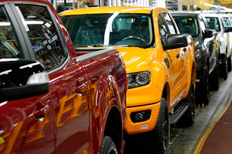 Model year 2021 Ford Ranger trucks on the assembly line at Michigan Assembly on June 14, 2021, in Wayne, Mich.