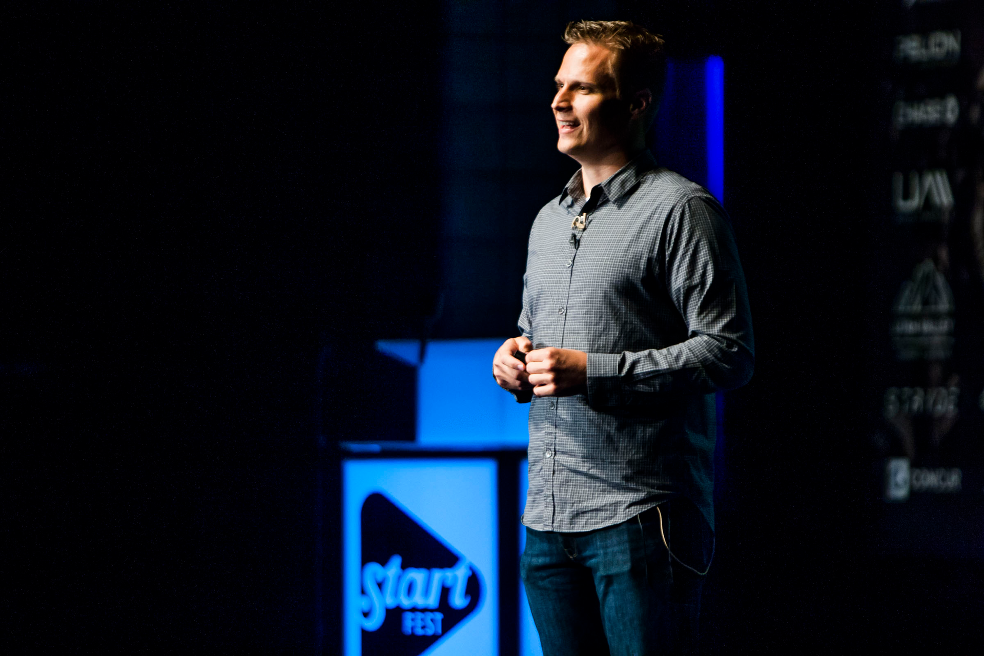 Dave Bateman, CEO of Entrata, speaks during StartFEST at the Covey Center for the Arts, Provo, Utah, Sept. 2, 2015.