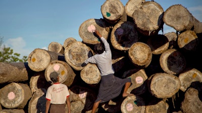 A worker marks logs at a yard in Wuntho, Myanmar, June 27, 2016.