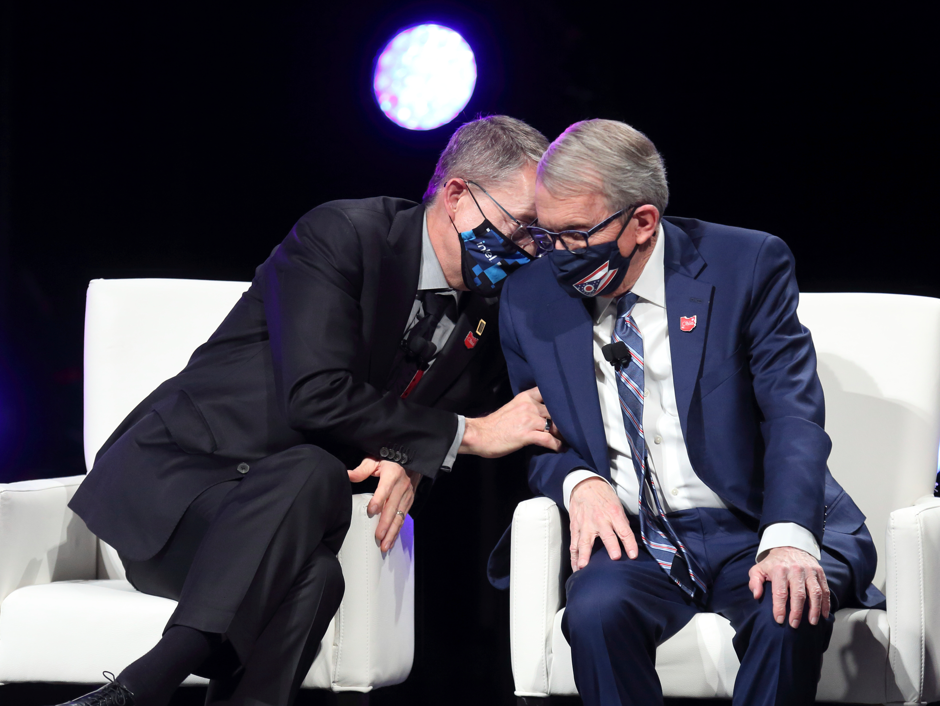 Intel CEO Patrick Gelsinger, left, talks with Ohio Gov. Mike DeWine at a news conference, Newark, Ohio, Jan. 21, 2022.