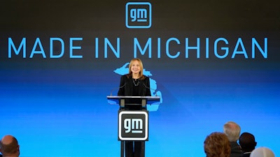 GM CEO Mary Barra during a news conference in Lansing, Mich., Jan. 25, 2022.