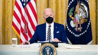 President Joe Biden listens during a meeting with the National Governors Association in the East Room of the White House on Jan. 31, 2022 in Washington.