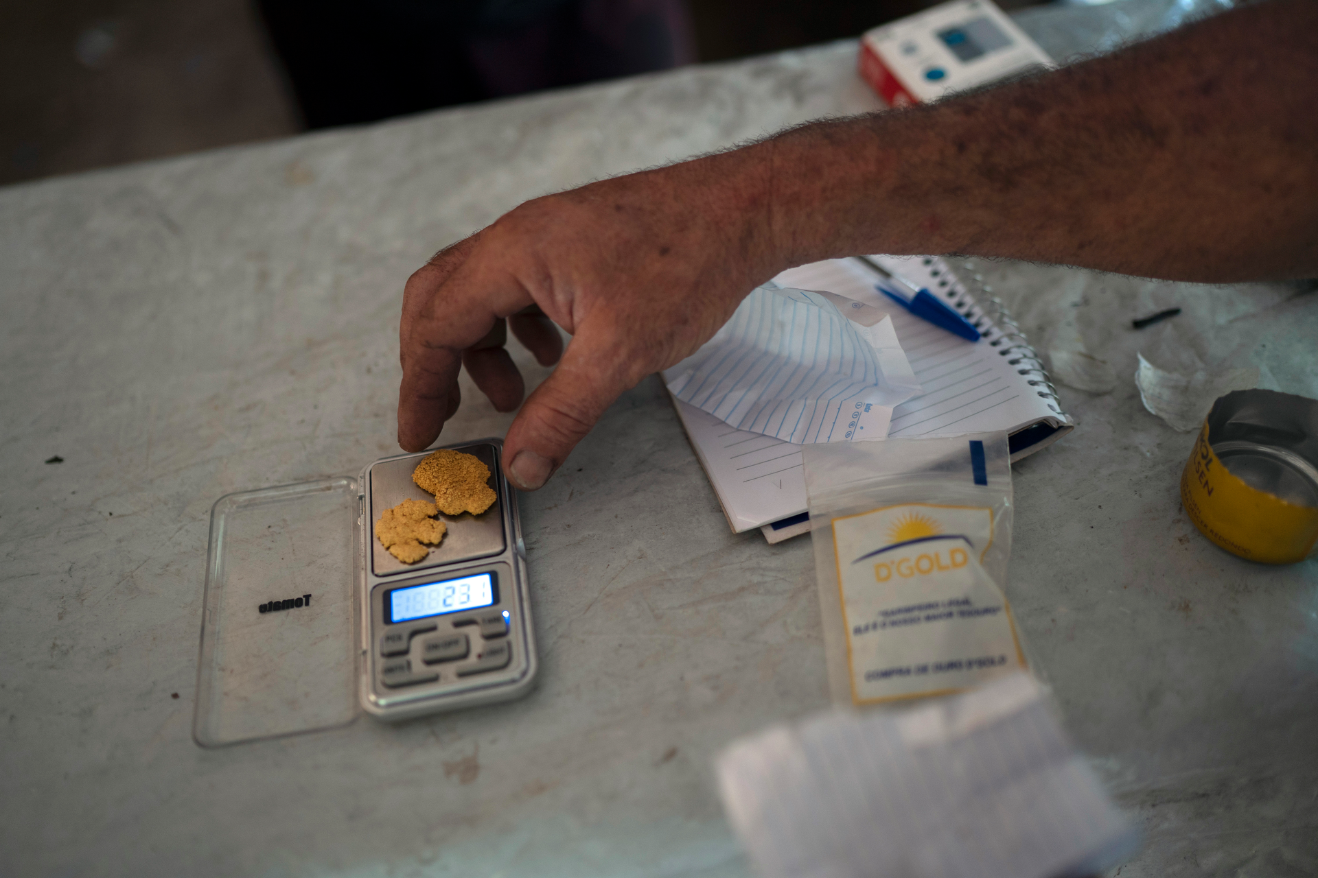 A gold miner weighs his weekly production at an illegal mine in the Amazon jungle, in the Itaituba area of Para state, Brazil, Aug. 22, 2020. Nuggets are spirited out of the jungle by prospectors to the nearest city where they are sold to financial brokers.