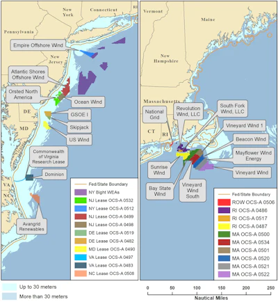 Most renewable energy lease areas off the Atlantic Coast are near the Mid-Atlantic states and Massachusetts. About 480,000 acres of the New York Bight is scheduled to be auctioned for wind farms in February 2022.