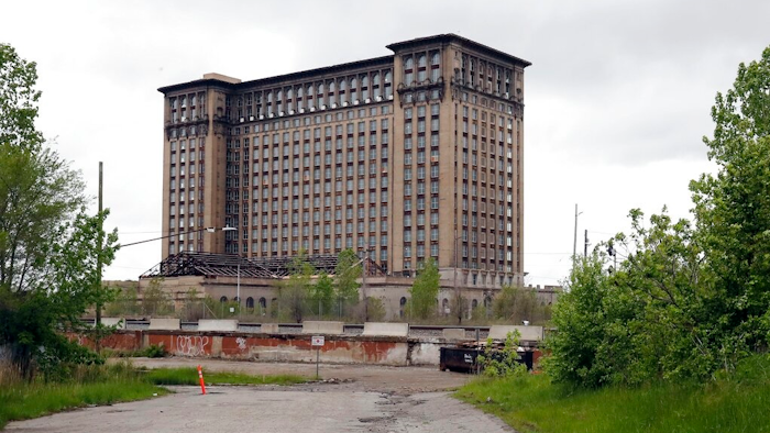 Exterior view of the Michigan Central train depot, shown May 23, 2019, in Detroit. Ford Motor Co. announced Friday, Feb. 4, 2022, that Google is joining the automaker's effort to transform a once-dilapidated Detroit train station into a research hub focused on electric and self-driving vehicles.