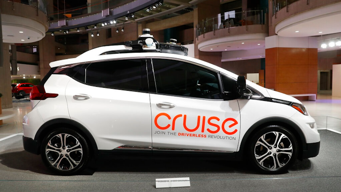 In this Jan. 16, 2019, file photo, Cruise AV, General Motor's autonomous electric Bolt EV is displayed in Detroit. Autonomous vehicle taxis are up and running in San Francisco and the public has been invited to try one out. Employees of General Motors and its autonomous vehicle subsidiary Cruise have been testing out the service for weeks, but on Tuesday, Feb. 1, 2022, Cruise posted a signup page for anyone to reserve a free — for now — ride in one.