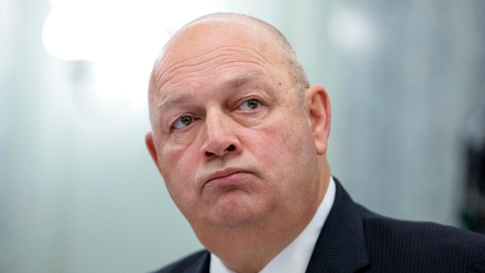 FAA Administrator Steve Dickson listens to question from lawmakers during a Senate Committee on Commerce, Science, and Transportation hearing on the implementation of aviation safety reform at the Capitol in Washington, on Nov. 3, 2021. Dickson says he has 'made the very difficult decision to step down as FAA Administrator, effective March 31.'