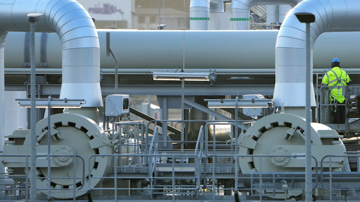 Pipes at the landfall facilities of the 'Nord Stream 2' gas pipline are pictured in Lubmin, northern Germany, on Feb. 15, 2022.