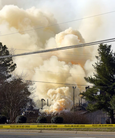 The Winston Weaver Co. fertilizer plant in Winston-Salem, N.C., continues to burn, Tuesday, Feb. 1, 2022. An uncontrolled fire at a fertilizer plant in North Carolina forced thousands of people to evacuate as firefighters stood back Tuesday because of the danger of a large explosion.