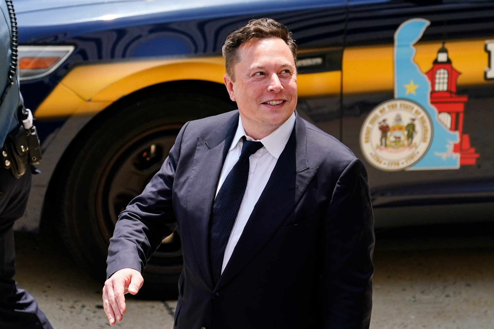 Elon Musk departs from the justice center in Wilmington, Del., July 13, 2021.