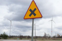 Wind turbines in Budy Mszczonowskie, Poland, Feb. 21, 2022.