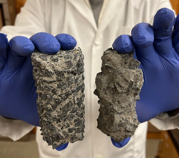 Comparison of a concrete sample coated with nano-modified sealer (left) versus untreated concrete (right).