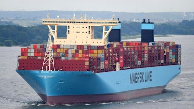 The container ship 'Mumbai Maersk' pictured in Hamburg, Germany, June 16, 2018. The 400-meter container ship ran aground on Thursday night about six kilometers north of the island of Wangerooge.