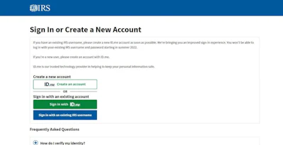 Here’s what greets you when you click the link to sign into your IRS account. If current plans remain in place, the blue button will go away in the summer of 2022.
