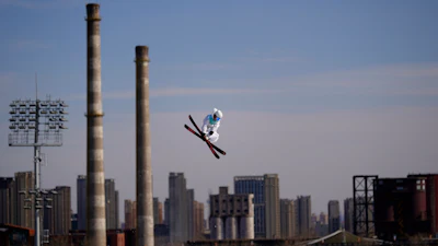 Matej Svancer of Austria trains ahead of the men's freestyle skiing big air qualification round of the 2022 Winter Olympics, Monday, Feb. 7, 2022, in Beijing.