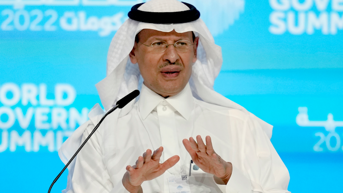 Saudi Arabia Energy Minister Prince Abdulaziz bin Salman speaks during the World Government Summit at Dubai Expo 2020, March 29, 2022.