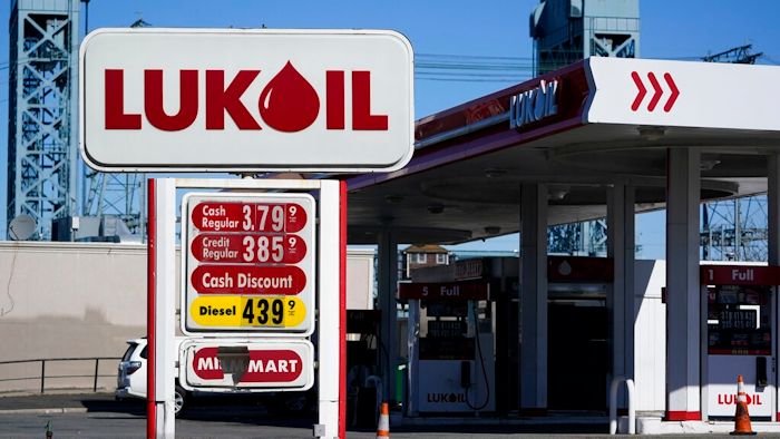 A Lukoil gas station sits in Newark, N.J., Thursday, March 3, 2022. Outraged by the invasion of Ukraine, the Newark City Council voted unanimously Wednesday to suspend the service stations’ operating licenses, citing Lukoil’s base in Moscow. In doing so, however, they may have predominantly been hurting Americans.