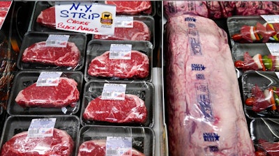 In this June 15, 2021 photo, beef is displayed in the meat department at Lambert's Rainbow Market, in Westwood, MA.