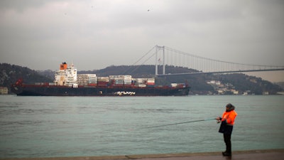 Cargo ship Oakland crosses the Bosphorus strait towards the Marmara sea after departing from Russia's Novorossiysk port, in Istanbul on March 1, 2022.