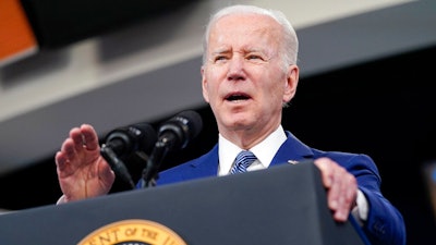 President Joe Biden speaks in the South Court Auditorium on the White House campus on March 4, 2022, in Washington.