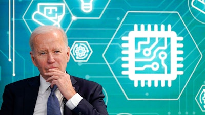 President Joe Biden attends an event to support legislation that would encourage domestic manufacturing and strengthen supply chains for computer chips in the South Court Auditorium on the White House campus on March 9, 2022, in Washington.