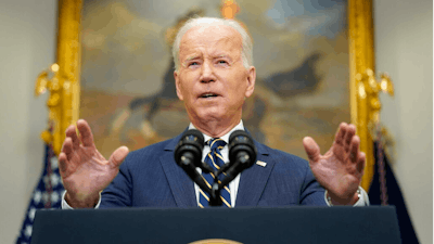 President Joe Biden announces that along with the European Union and the Group of Seven countries, the U.S. will move to revoke 'most favored nation' trade status for Russia over its invasion of Ukraine on March 11, 2022, in the Roosevelt Room at the White House in Washington.