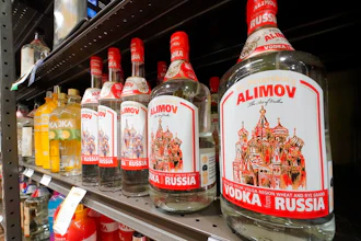 This is a display of Alimov Vodka, from Russia, in a Total Wine and More store in University Park, Florida on Feb. 27, 2022.