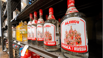 This is a display of Alimov Vodka, from Russia, in a Total Wine and More store in University Park, Florida on Feb. 27, 2022.