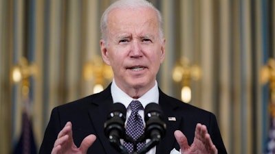 President Joe Biden speaks in the State Dining Room of the White House, March 28, 2022.