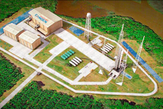 This artist's sketch provided by Spaceport Camden shows the launch pad complex of the proposed Spaceport Camden in Camden County, Ga. A Georgia county's plan to build a launchpad for commercial rockets is going before voters in a referendum forced by opponents of the project. The special election Tuesday, March 8, 2022 in coastal Camden County gives voters a chance to block county commissioners from purchasing 4,000 acres of land for the planned Spaceport Camden.